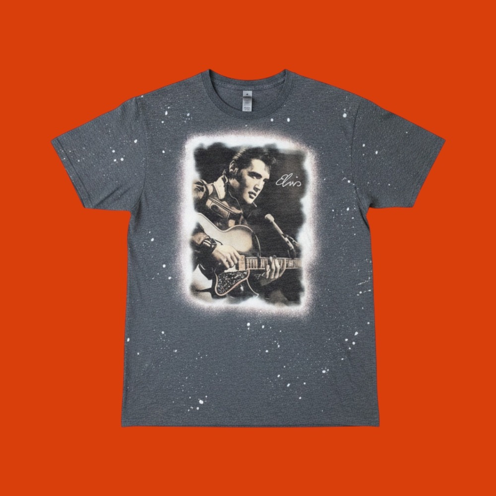 Elvis Presley Bleach Splatter Graphic T-Shirt Mens XL Heather Gray Gildan Soft